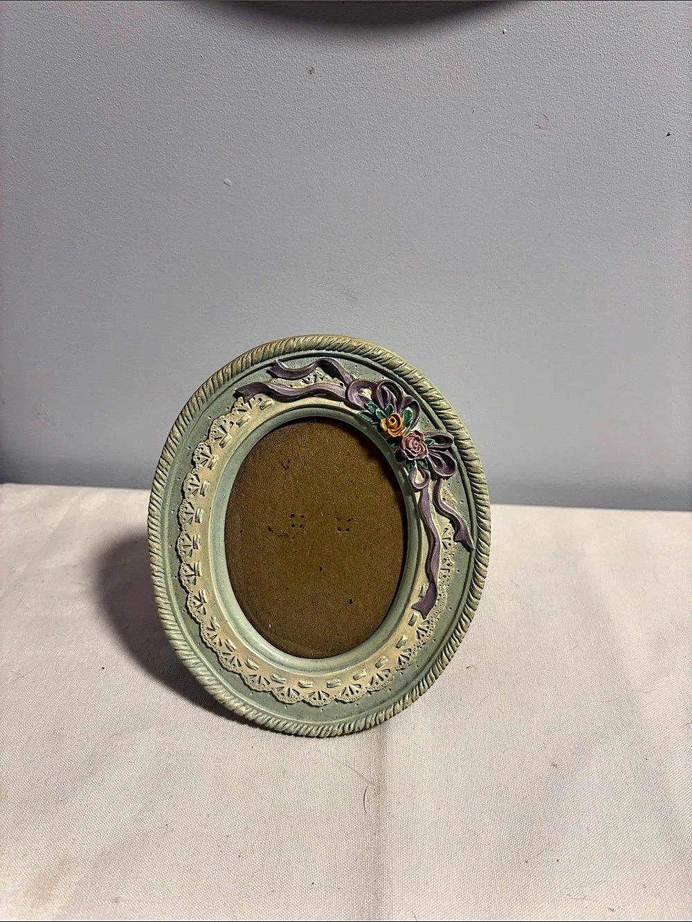1980’s Oval Floral Picture Frame in Green & Purple